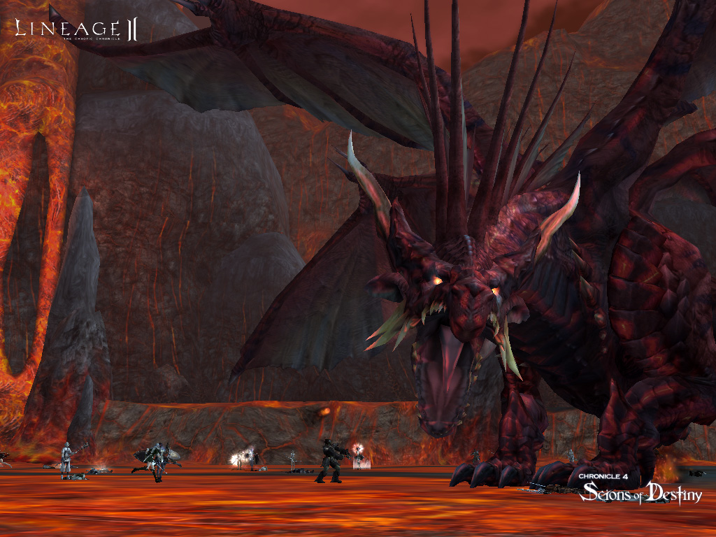 Jugadores luchando contra Valakas en Lineage II